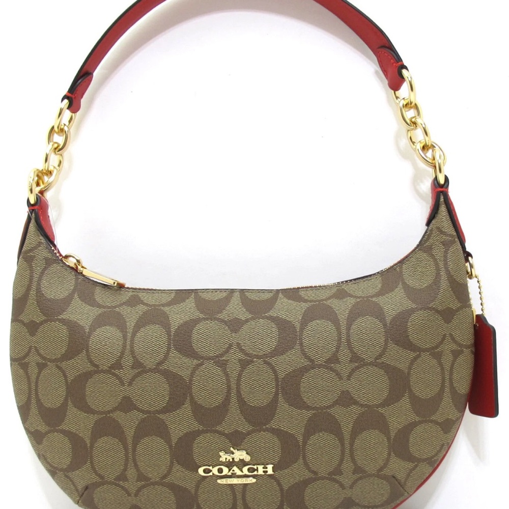 COACH PVC Signature/Leather Payton
Shoulder Bag Khaki/Electric Red